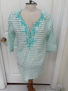 Joe Fresh White & Aqua Striped Embroidered Swim Coverup Tunic